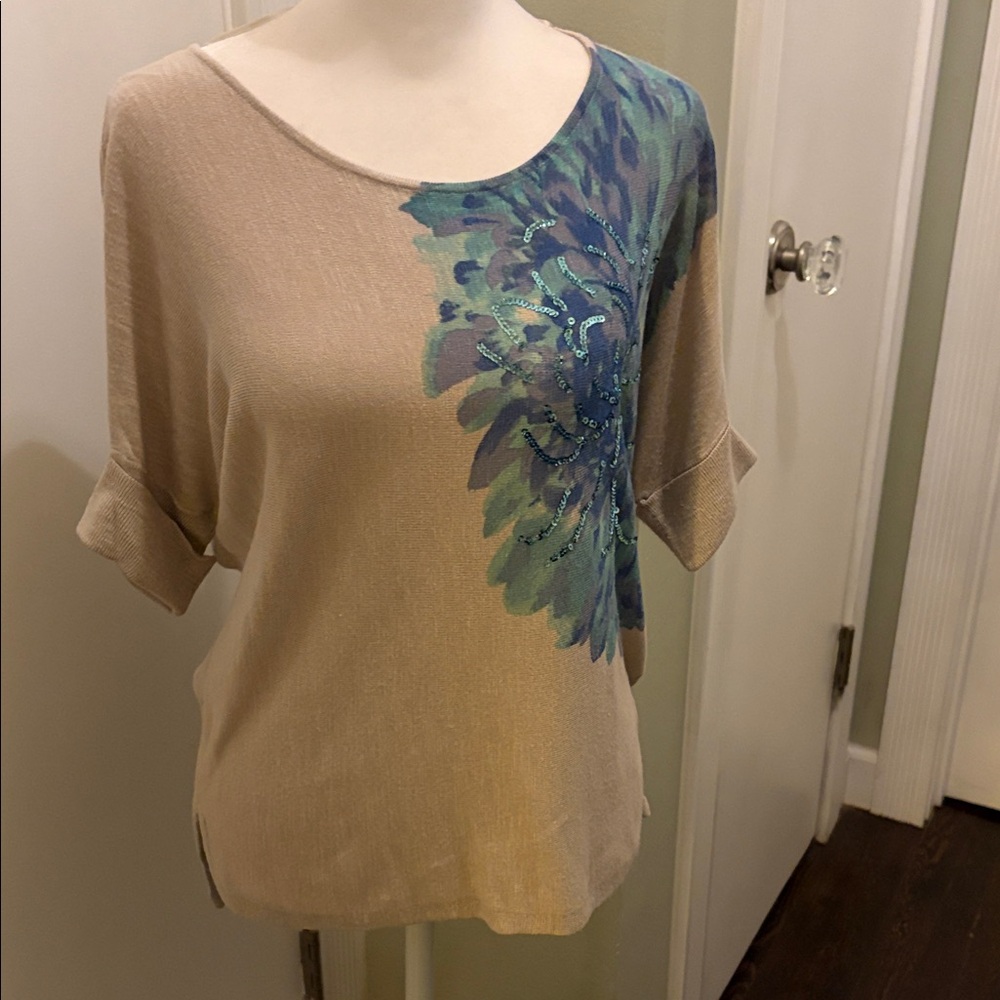 Floral Print Beige and Blue Women's Top